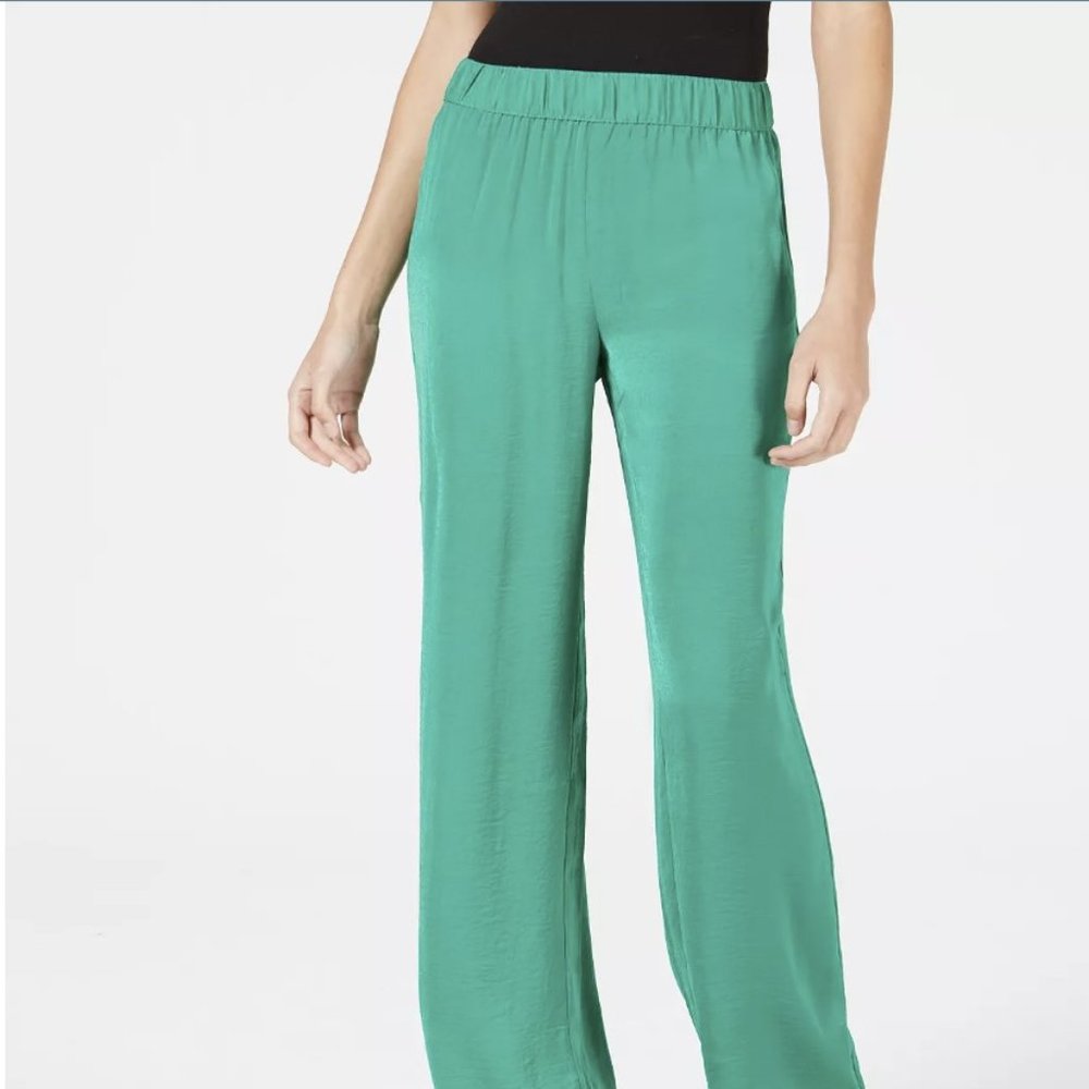ALFANI Smocked-Waist Washed-Satin Pants Green XL NWT